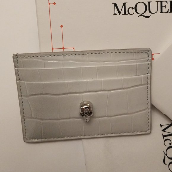 Alexander McQueen Skull Croc Embossed Leather Card Holder Ombre Gray - Picture 4 of 7